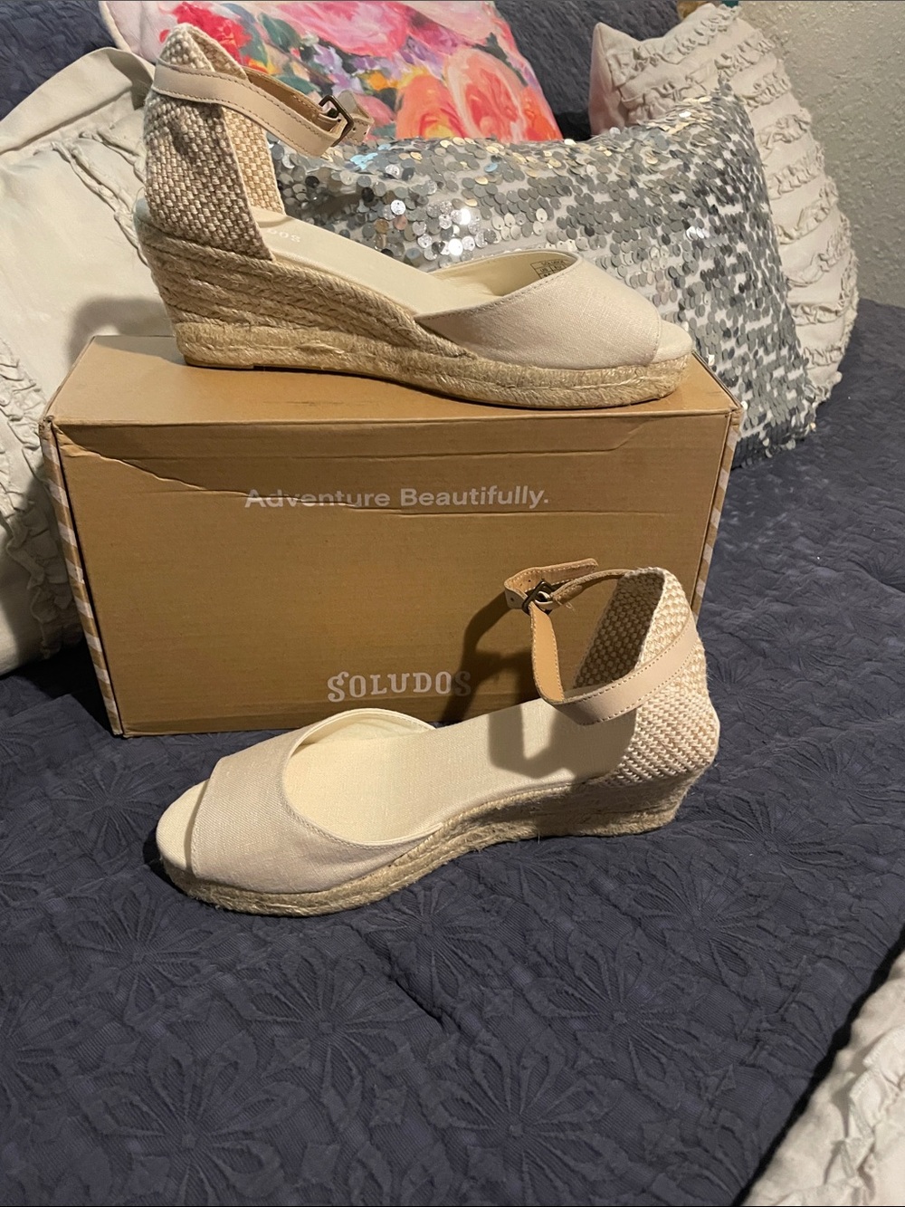 Soludos Cream Canvas Espadrille Wedge Sandals with Ankle Strap
